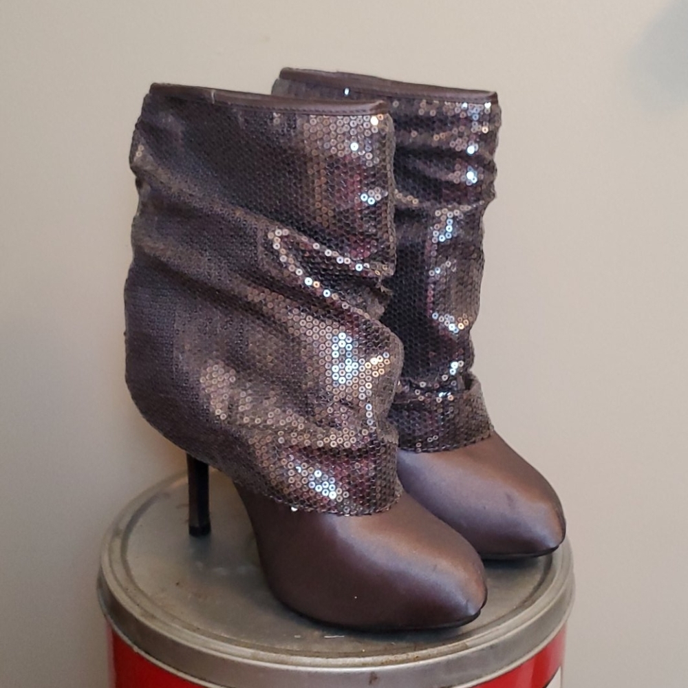 Metallic gray sequin booties